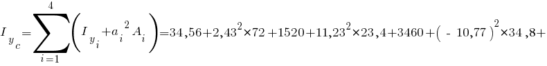 I_y_c=sum{i=1}{4}{(I_y_i+{a_i}^2 A_i)}= 34,56 + {2,43}^2*72 + 1520 + {11,23}^2*23,4 + 3460 + {(~-~10,77)}^2*34,8 +