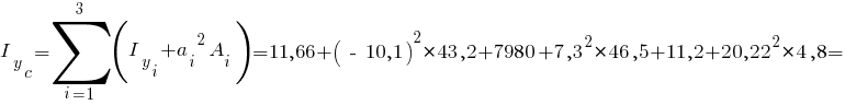 I_y_c=sum{i=1}{3}{(I_y_i+{a_i}^2 A_i)}= 11,66 + {(~-~10,1)}^2*43,2 + 7980 + {7,3}^2*46,5 + 11,2 + {20,22}^2*4,8 =