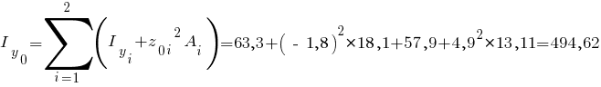 I_y_0=sum{i=1}{2}{(I_y_i+{z_{0i}}^2 A_i)}= 63,3 + {(~-~1,8)}^2*18,1 + 57,9 + {4,9}^2*13,11 = 494,62