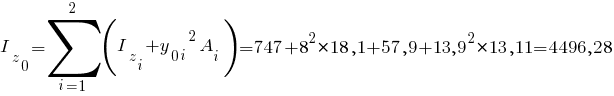 I_z_0=sum{i=1}{2}{(I_z_i+{y_{0i}}^2 A_i)}= 747 + {8}^2*18,1 + 57,9 + {13,9}^2*13,11 = 4496,28