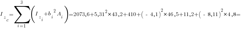 I_z_c=sum{i=1}{3}{(I_z_i+{b_i}^2 A_i)}= 2073,6 + {5,31}^2*43,2 + 410 + {(~-~ 4,1)}^2*46,5 + 11,2 + {(~-~ 8,11)}^2*4,8 =