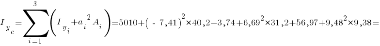 I_y_c=sum{i=1}{3}{(I_y_i+{a_i}^2 A_i)}= 5010 + {(~-~7,41)}^2*40,2 + 3,74 + {6,69}^2*31,2 + 56,97 + {9,48}^2*9,38 =