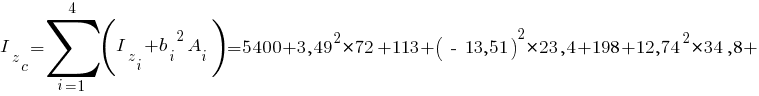 I_z_c=sum{i=1}{4}{(I_z_i+{b_i}^2 A_i)}= 5400 + {3,49}^2*72 + 113 + {(~-~13,51)}^2*23,4 + 198 + {12,74}^2*34,8 +