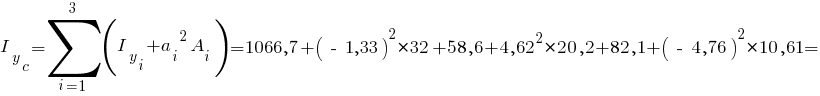 I_y_c=sum{i=1}{3}{(I_y_i+{a_i}^2 A_i)}= 1066,7 + {(~-~1,33)}^2*32 + 58,6 + {4,62}^2*20,2 + 82,1 + {(~-~4,76)}^2*10,61 =