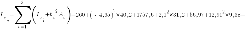 I_z_c=sum{i=1}{3}{(I_z_i+{b_i}^2 A_i)}= 260 + {(~-~4,65)}^2*40,2 + 1757,6 + {2,1}^2*31,2 + 56,97 + {12,91}^2*9,38 =