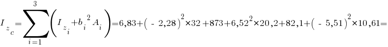 I_z_c=sum{i=1}{3}{(I_z_i+{b_i}^2 A_i)}= 6,83 + {(~-~2,28)}^2*32 + 873 + {6,52}^2*20,2 + 82,1 + {(~-~5,51)}^2*10,61 =
