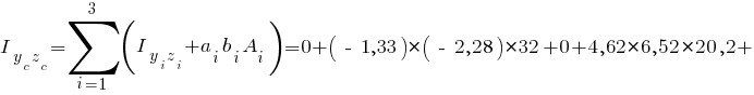 I_{{y_c}{z_c}}=sum{i=1}{3}{(I_{{y_i}{z_i}}+{a_i} {b_i} A_i)} = 0 + {(~-~1,33)}*{(~-~2,28)}*32 + 0 + {4,62}*{6,52}*20,2 +