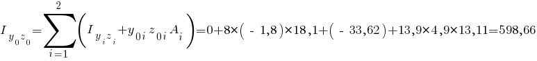 I_{{y_0}{z_0}}=sum{i=1}{2}{(I_{{y_i}{z_i}}+{y_{0i}} {z_{0i}} A_i)} = 0 + 8*(~-~1,8)*18,1 + (~-~33,62) + 13,9*4,9*13,11 = 598,66