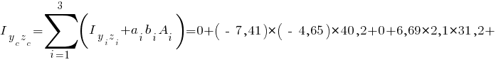 I_{{y_c}{z_c}}=sum{i=1}{3}{(I_{{y_i}{z_i}}+{a_i} {b_i} A_i)} = 0 + {(~-~7,41)}*{(~-~4,65)}*40,2 + 0 + {6,69}*{2,1}*31,2 +