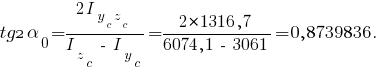 tg2{alpha_0}={2I_{{y_c}{z_c}}}/{I_z_c~-~I_y_c}={2*1316,7}/{6074,1~-~3061}=0,8739836 .