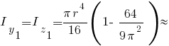 I_y_1 = I_z_1 = {pi r^4}/16 ( 1 -~ 64/{9 {pi}^2} ) approx