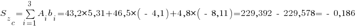 S_z_c=sum{i=1}{3}{A_i b_i}= 43,2*5,31 + 46,5*(~-~ 4,1) + 4,8*(~-~ 8,11) = 229,392 ~-~ 229,578 = ~-~0,186