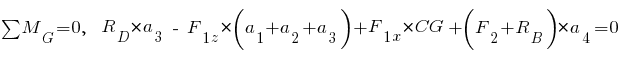 sum{~}{~}{M_G} = 0,~~ R_D * a_3 ~-~ F_{1z} * (a_1 + a_2 + a_3) + F_{1x} * CG + (F_2 + R_B) * a_4 = 0