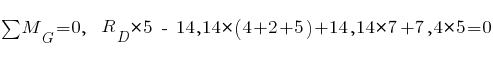 sum{~}{~}{M_G} = 0,~~ R_D * 5 ~-~ 14,14 * (4 + 2 + 5) + 14,14 * 7 + 7,4 * 5 = 0