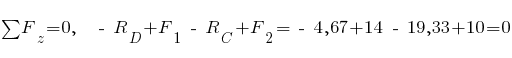 sum{~}{~}{F_z} = 0,~~ ~-~ R_D + F_1 ~-~ R_C + F_2 = ~-~ 4,67 + 14 ~-~ 19,33 + 10 = 0