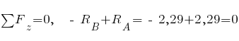 sum{~}{~}{F_z} = 0,~~ ~-~ R_B + R_A = ~-~ 2,29 + 2,29 = 0