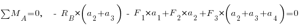 sum{~}{~}{M_A} = 0,~~ ~-~ R_B * (a_2 + a_3) ~-~ F_1 * a_1 + F_2 * a_2 + F_3 * (a_2 + a_3 + a_4) = 0