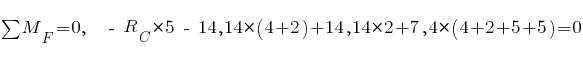 sum{~}{~}{M_F} = 0,~~ ~-~ R_C * 5 ~-~ 14,14 * (4 + 2) + 14,14 * 2 + 7,4 * (4 + 2 + 5 + 5) = 0