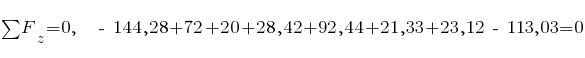 sum{~}{~}{F_z} = 0,~~ ~-~ 144,28 + 72 + 20 + 28,42 + 92,44 + 21,33 + 23,12 ~-~ 113,03 = 0