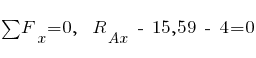 sum{~}{~}{F_x} = 0,~~ R_{Ax} ~-~15,59 ~-~ 4 = 0