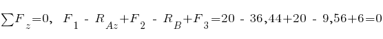 sum{~}{~}{F_z} = 0,~~ F_1 ~-~ R_Az + F_2 ~-~ R_B + F_3 = 20 ~-~ 36,44 + 20 ~-~ 9,56 + 6 = 0