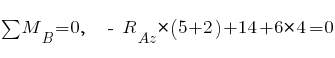 sum{~}{~}{M_B} = 0,~~ ~-~ R_Az * (5 + 2) + 14 + 6 * 4 = 0