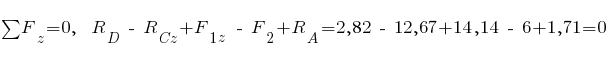 sum{~}{~}{F_z} = 0,~~ R_D ~-~ R_{Cz} + F_{1z} ~-~ F_2 + R_A = 2,82 ~-~ 12,67 + 14,14 ~-~ 6 + 1,71 = 0
