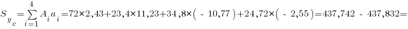 S_y_c=sum{i=1}{4}{A_i a_i}= 72*2,43+23,4*11,23+34,8*(~-~10,77)+24,72*(~-~2,55) = 437,742 ~-~ 437,832 =