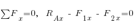 sum{~}{~}{F_x} = 0,~~ R_{Ax} ~-~F_{1x} ~-~ F_{2x} = 0