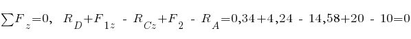 sum{~}{~}{F_z} = 0,~~ R_D + F_{1z} ~-~ R_{Cz} + F_2 ~-~ R_A = 0,34 + 4,24 ~-~ 14,58 + 20 ~-~ 10 = 0