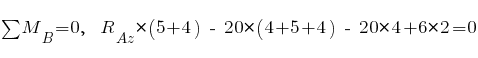 sum{~}{~}{M_B} = 0,~~ R_Az * (5 + 4) ~-~ 20 * (4 + 5 + 4) ~-~ 20 * 4 + 6 * 2 = 0