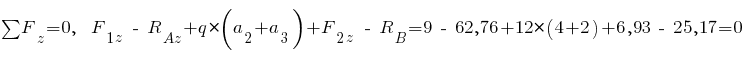 sum{~}{~}{F_z} = 0,~~ F_{1z} ~-~ R_{Az} + q*(a_2 + a_3) + F_{2z} ~-~ R_B = 9 ~-~ 62,76 + 12*(4 + 2) + 6,93 ~-~ 25,17 = 0