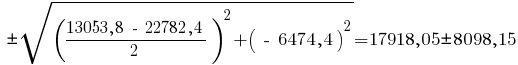 ~ pm sqrt{{{({13053,8 ~-~ 22782,4}/2)}^2} + {(~-~6474,4)}^2}= 17918,05 pm 8098,15