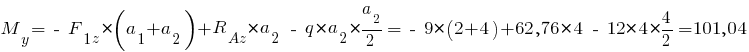 M_y = ~-~F_{1z} * ( a_1 + a_2 ) + R_Az * a_2 ~-~ q * a_2 * {{a_2}/2} = ~-~9 * ( 2 + 4 ) + 62,76 * 4 ~-~ 12 * 4 * {4/2} = 101,04