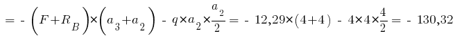 ~= ~-~ (F + R_B) * (a_3 + a_2) ~-~ q * a_2 * {{a_2}/2} = ~-~ 12,29 * (4 + 4) ~-~ 4 * 4 * {{4}/2} = ~-~ 130,32