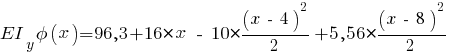 EI_y phi(x) = 96,3 + 16 * x ~-~ 10 * {{(x ~-~ 4)^2}/{2}} + 5,56 * {{(x ~-~ 8)^2}/{2}}