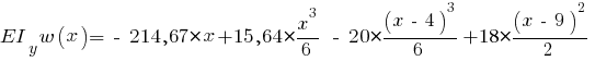 EI_y w(x) = ~-~ 214,67 * x + 15,64 * {{x^3}/{6}} ~-~ 20 * {{(x ~-~ 4)^3}/{6}} + 18 * {{(x ~-~ 9)^2}/{2}}