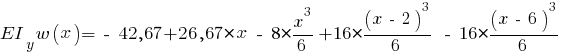 EI_y w(x) = ~-~42,67 + 26,67*x ~-~ 8 * {{x^3}/6} + 16 * {{(x ~-~ 2)^3}/6} ~-~ 16 * {{(x ~-~ 6)^3}/6}