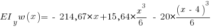 EI_y w(x) = ~-~ 214,67 * x + 15,64 * {{x^3}/{6}} ~-~ 20 * {{(x ~-~ 4)^3}/{6}}