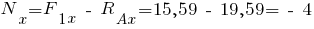 N_x = F_{1x} ~-~ R_{Ax} = 15,59 ~-~ 19,59 = ~-~ 4